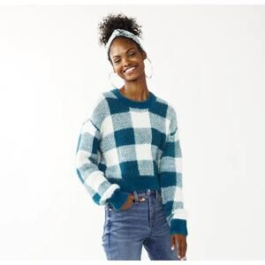 SO Crew Neck Drop Shoulder Fuzzy Green/Cream Plaid Long Sleeve Sweater